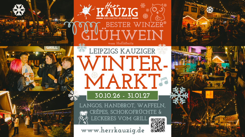 Veranstaltungsgrafik für den Kauzigen Wintermarkt im Herr Kauzig Leipzig 2026